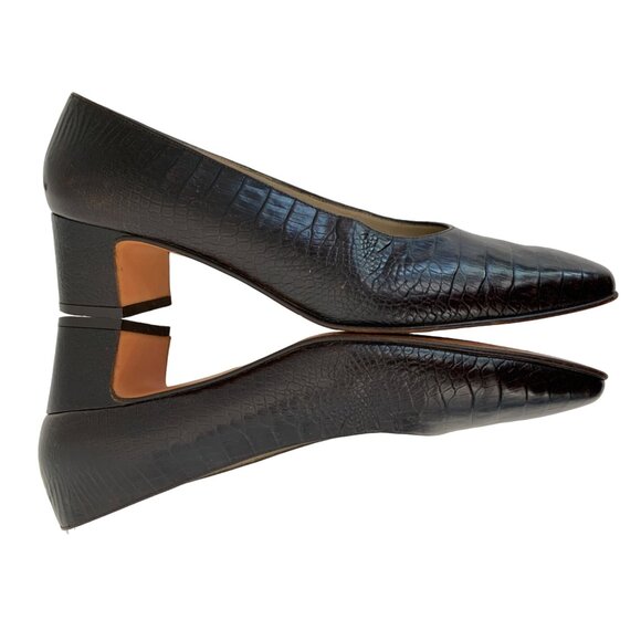 VTG 8.5B Ferragamo Croc Embossed Brown Leather Pumps 7891 Chunky Heel Career - Picture 2 of 12